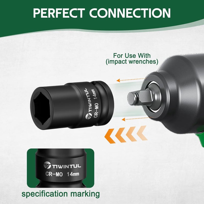 TIWINTUL 14mm Shallow Impact Socket 1/2 Inch Drive, CR-MO Steel Impact Socket, Anti-Rounding 6 Point Design, 1.5” Length, Metric Size, Impact Grade Socket for Automobile and Home Maintenance - Image 5